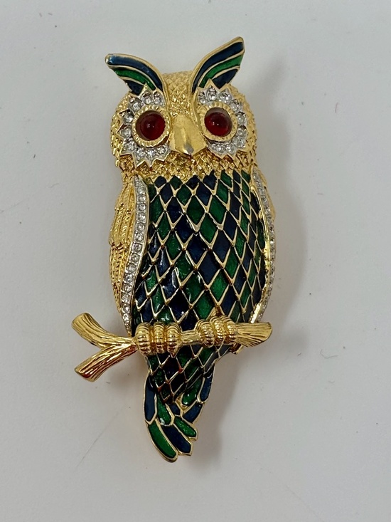 D'Orlan Jewelry - D'orlan Vintage Owl on Branch Brooch Pin Gold Plated Green Enamel with Crystals